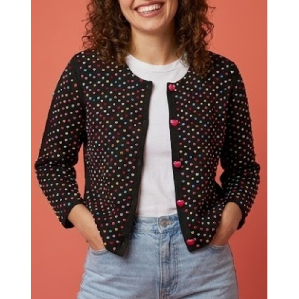 Michael Simon New York Be Mine Heart Beaded Cardigan Sweater Black Vintage Small